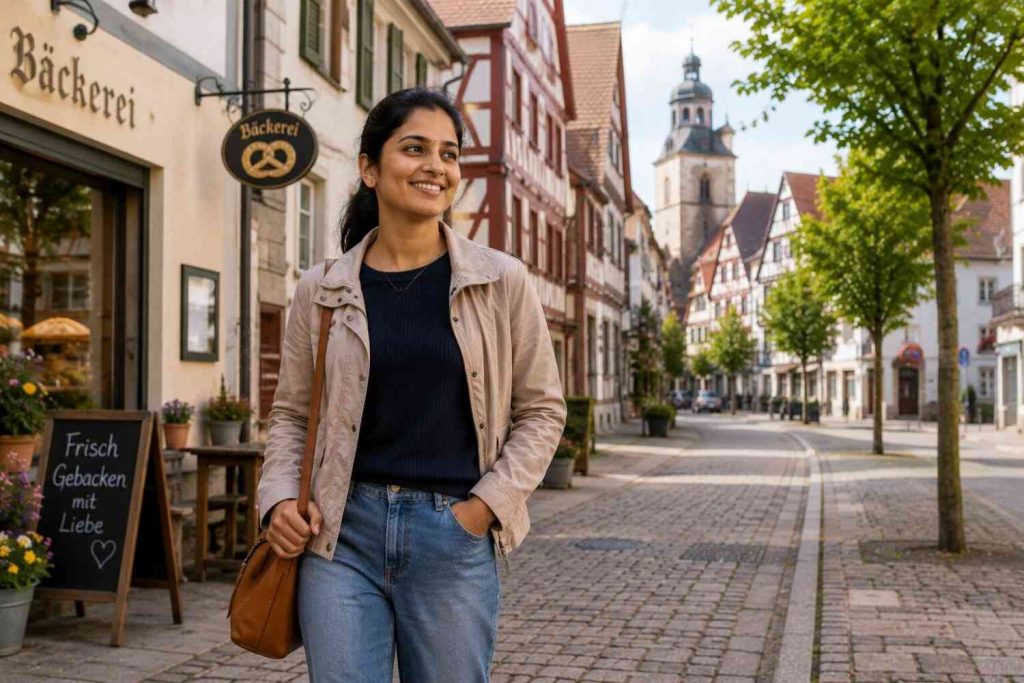 Indian nurse walking through a clean quiet street in a small German town with shops and trees on either side, looking relaxed and settled