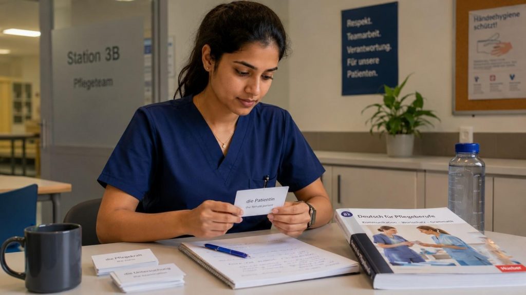 Indian nurse studying medical German vocabulary with flashcards and a German-language medical textbook at a desk