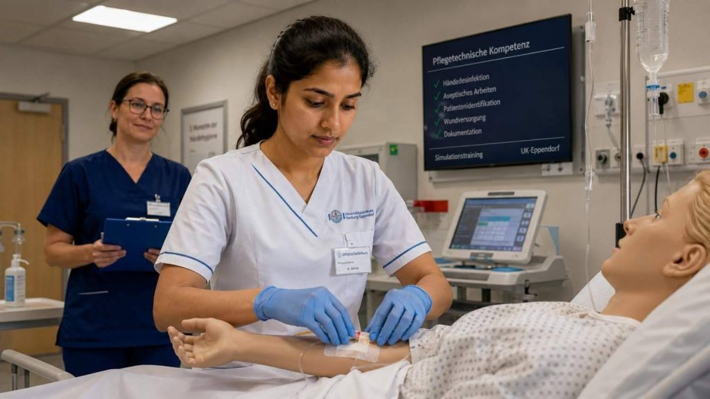 Indian nurse in clinical uniform practising a nursing procedure in a simulated hospital ward setting in Germany