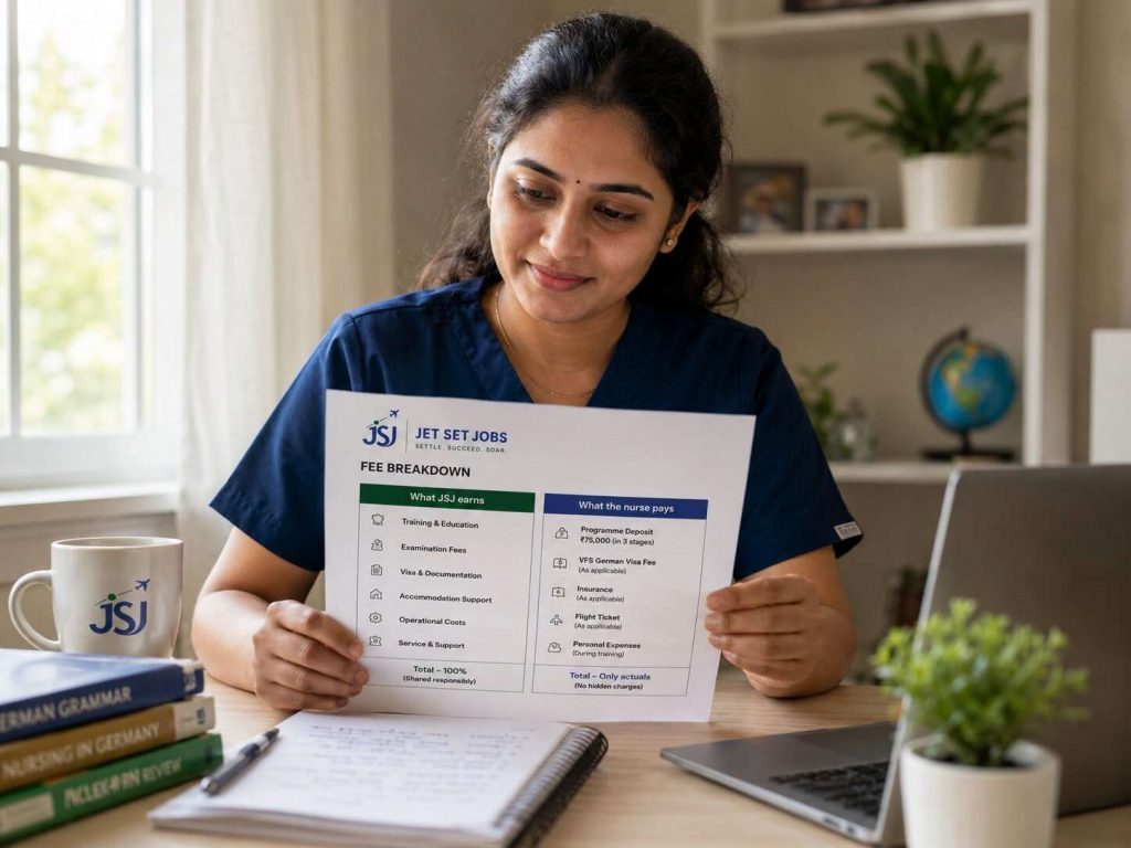 Indian nurse at a desk reading a transparent fee breakdown document, confident expression, clean home setting, natural light