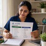 Indian nurse at a desk reading a transparent fee breakdown document, confident expression, clean home setting, natural light