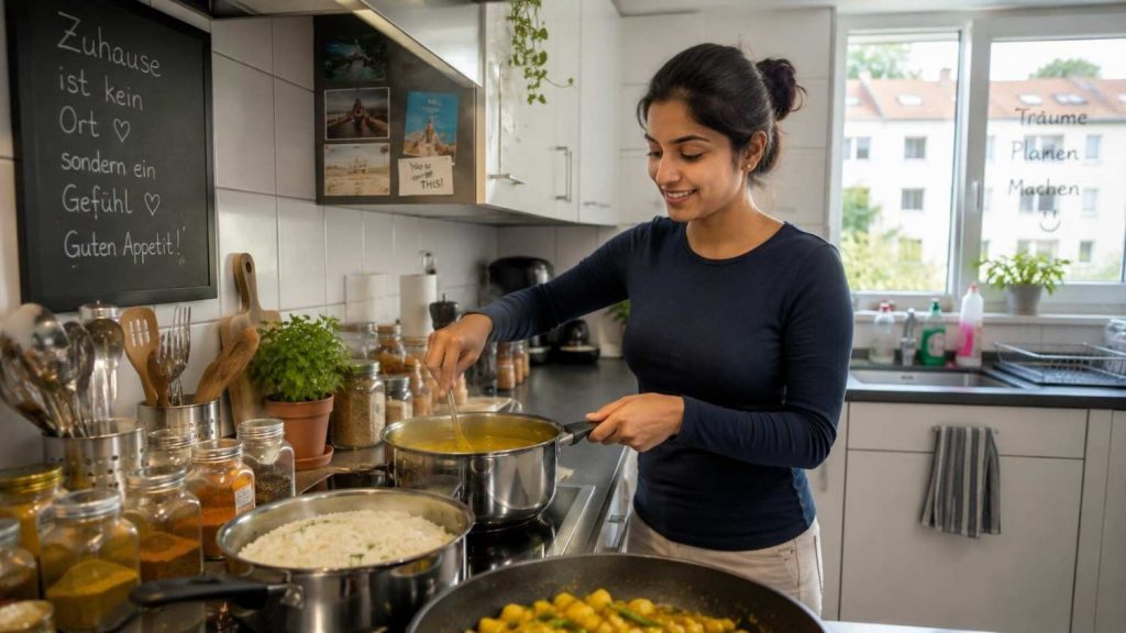 Indian nurse happily cooking a home-style Indian meal in her kitchen in Germany