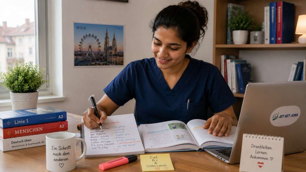 Indian nurse practising German for a nursing role in Austria