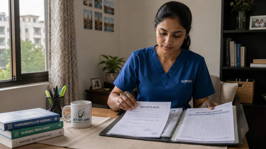 Indian nurse calmly reviewing medical documents before her Germany nursing visa process