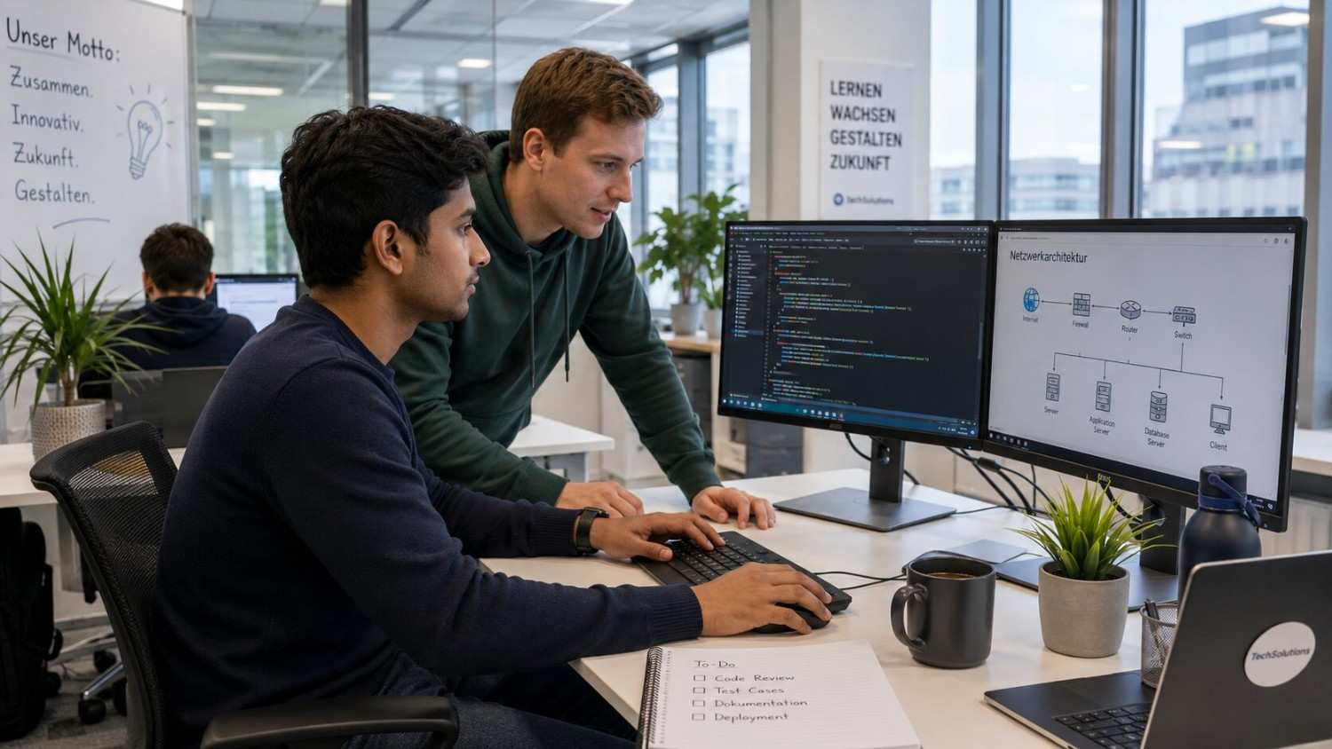 Young Indian IT trainee working at a computer during an IT Ausbildung in Germany