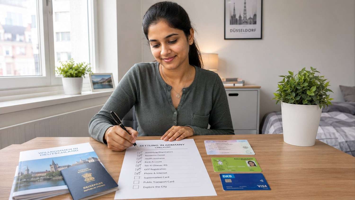 Indian nurse at a desk with a checklist and several official German documents including a residence permit and health card