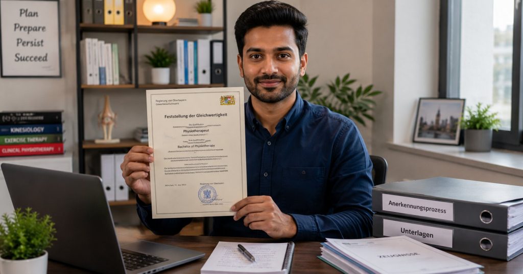 An Indian physiotherapist holding a formal degree assessment certificate for Germany