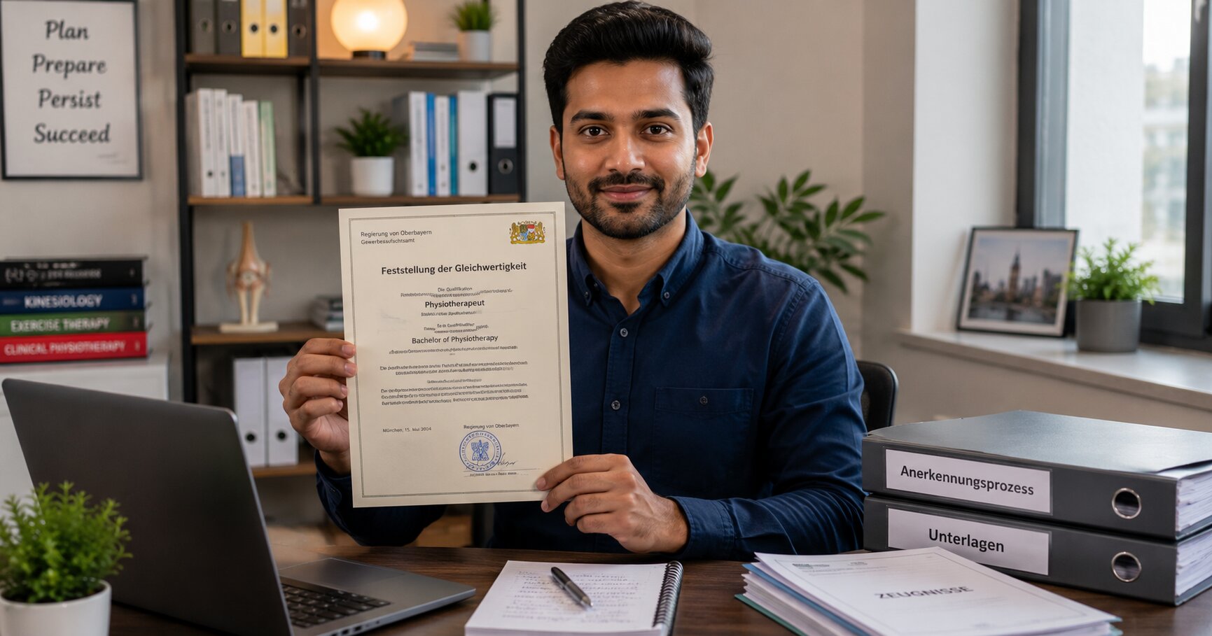 An Indian physiotherapist holding a formal degree assessment certificate for Germany