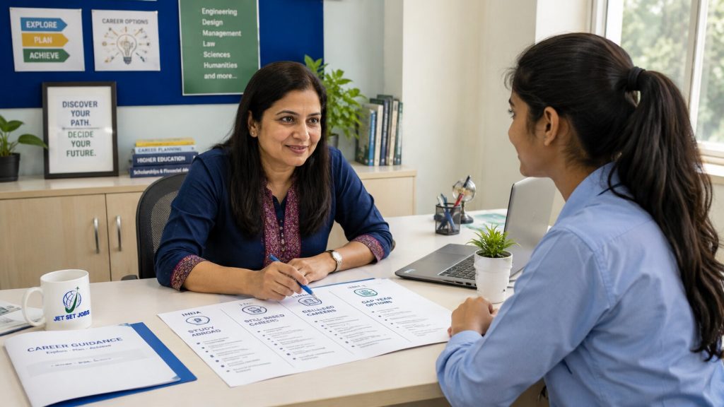 Indian career counsellor advising a student calmly after NEET results