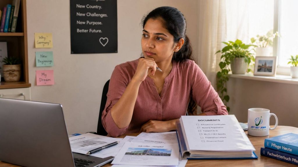 Indian nurse thoughtfully weighing a decision at a desk with documents in front of her