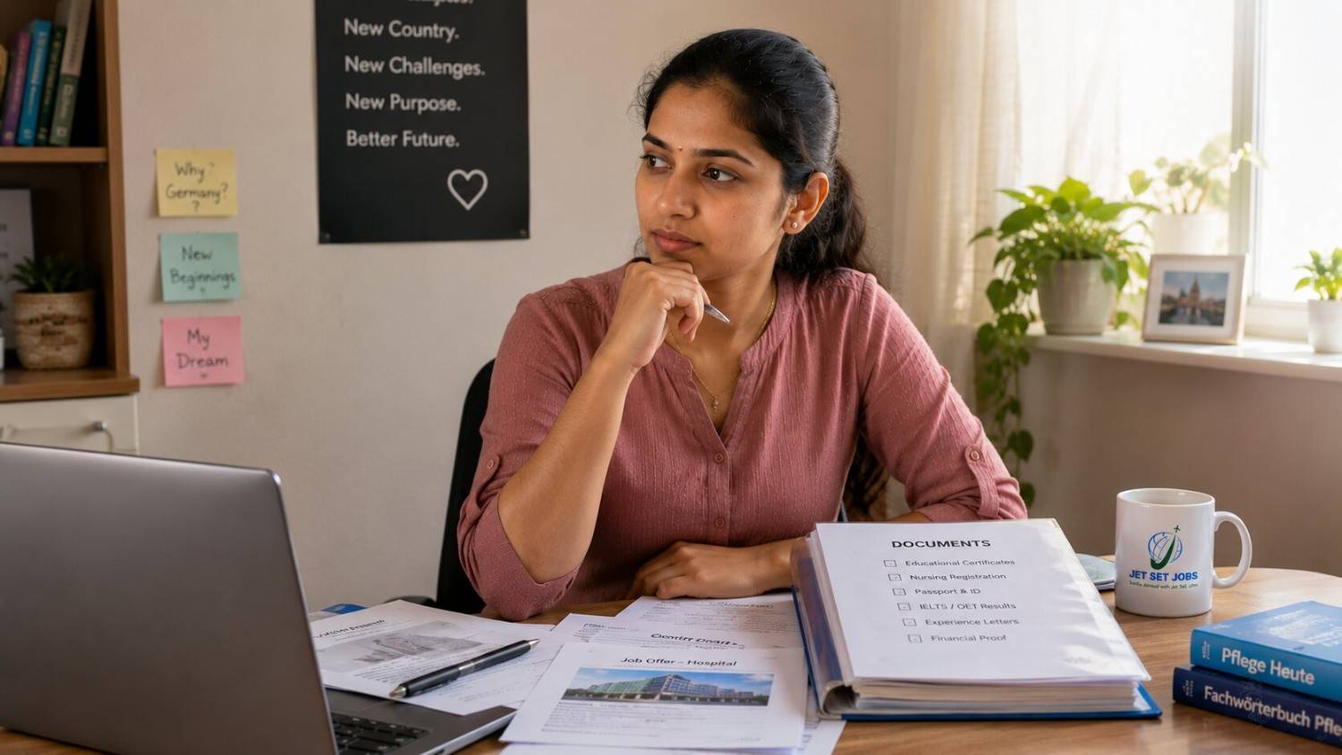 Indian nurse thoughtfully weighing a decision at a desk with documents in front of her