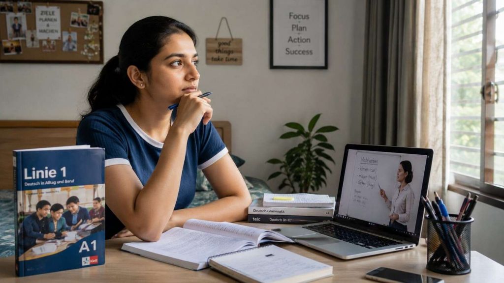 Indian student studying German at home wondering whether self-study lowers the Ausbildung programme fee