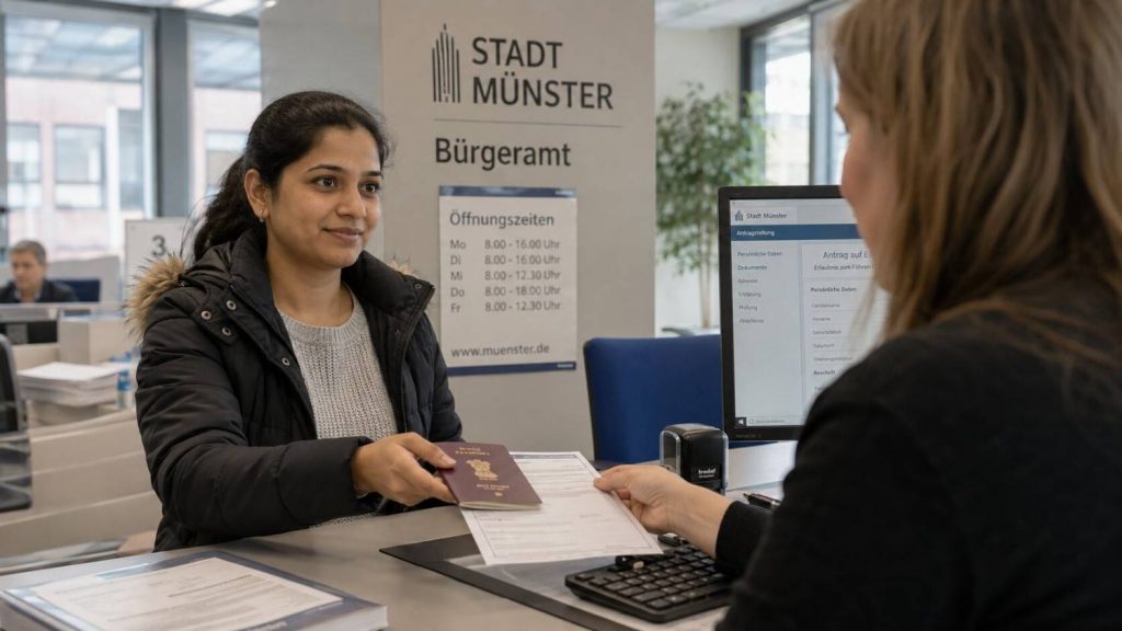 Indian nurse handing documents to a clerk at a German Bürgeramt registration desk
