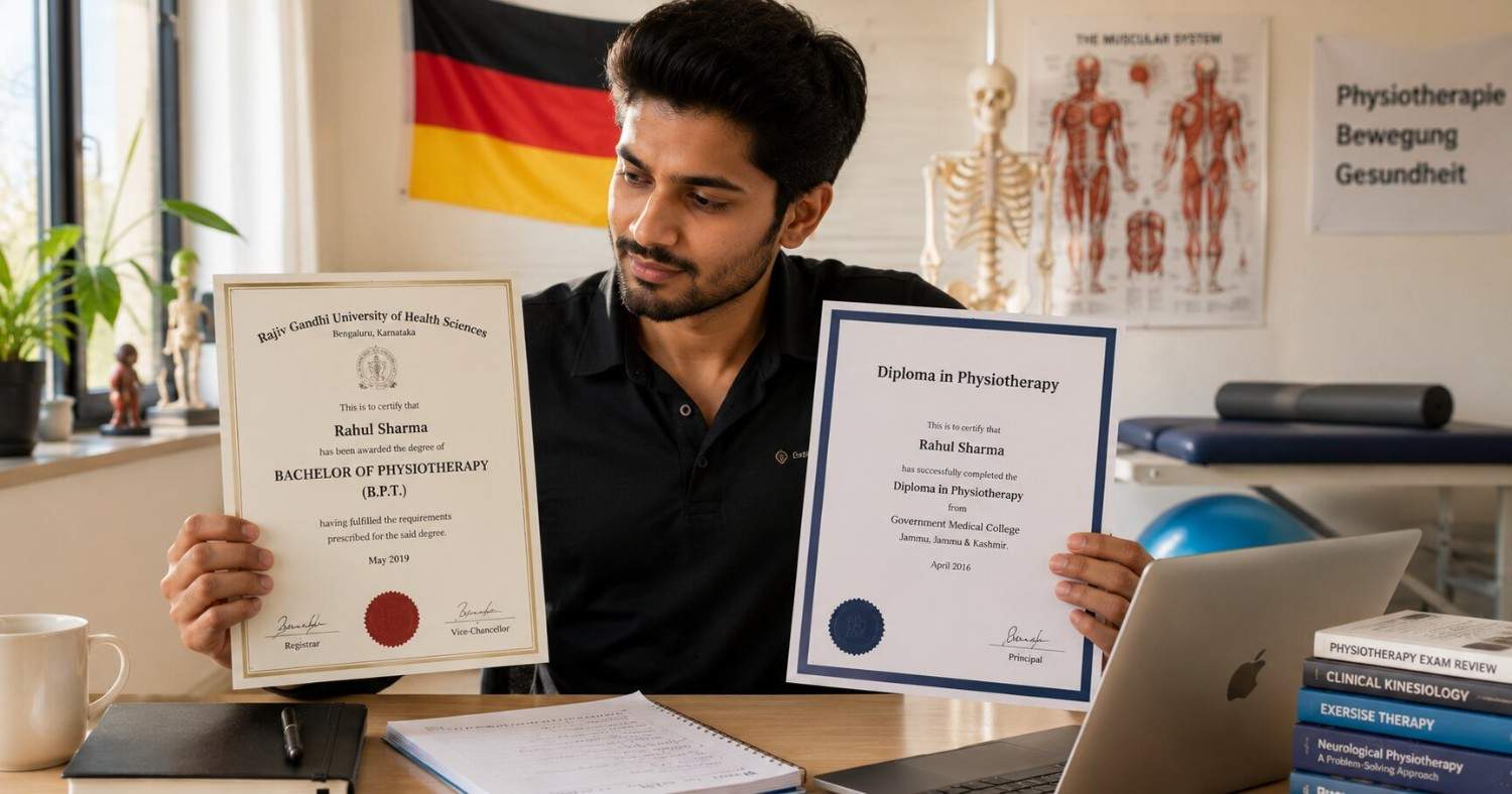 Indian physiotherapist comparing BPT and Diploma qualifications for German recognition in 2026