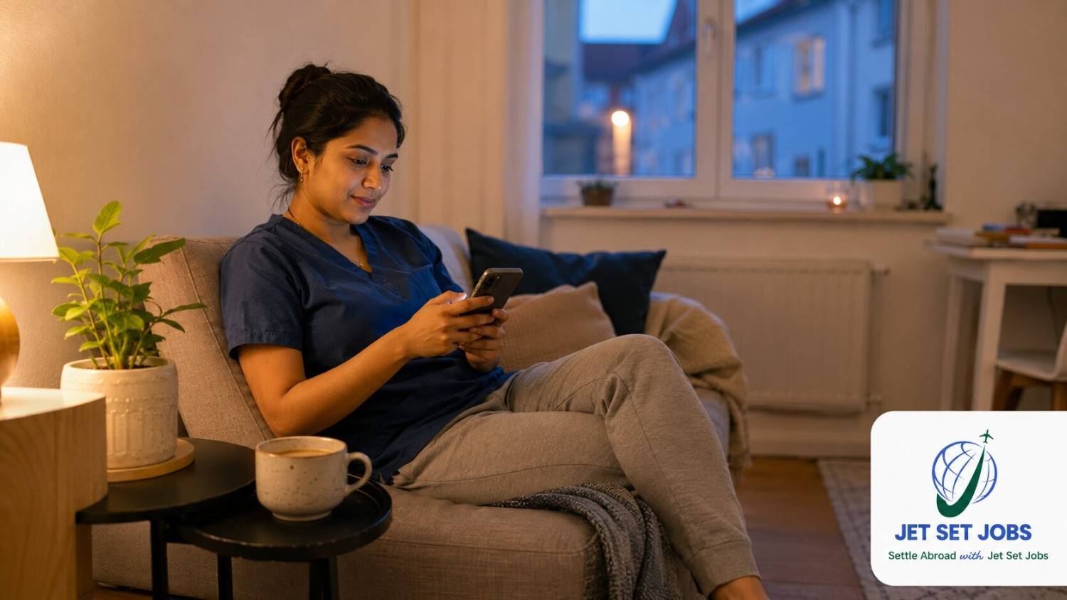 Indian nurse setting up a small insurance policy on her phone at home, relaxed