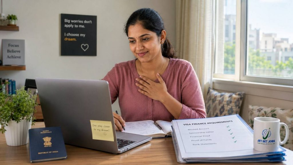 Indian nurse reviewing visa finance requirements with a relieved expression