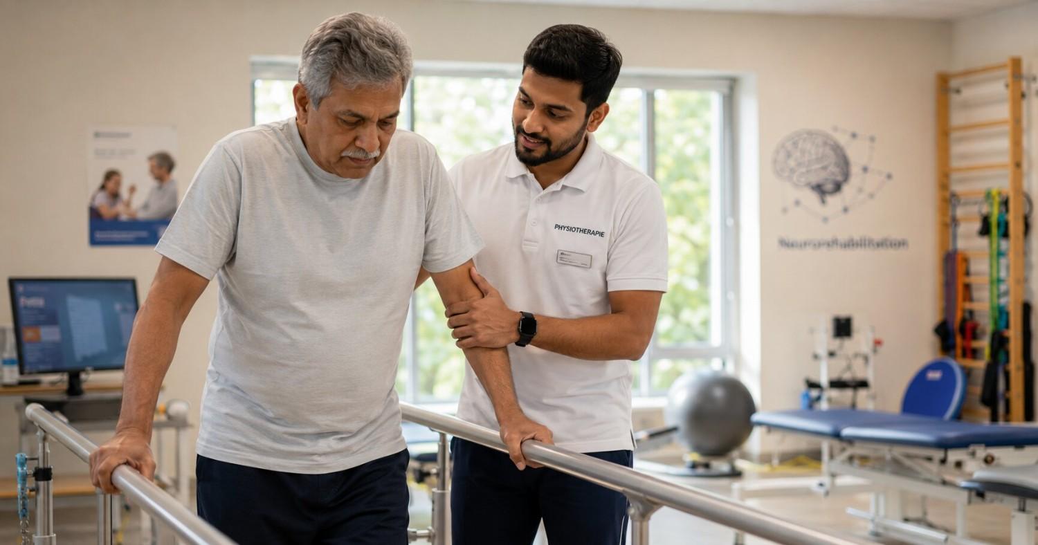 Indian physiotherapist using the Bobath concept in neurological rehabilitation with a patient in a German clinic in 2026