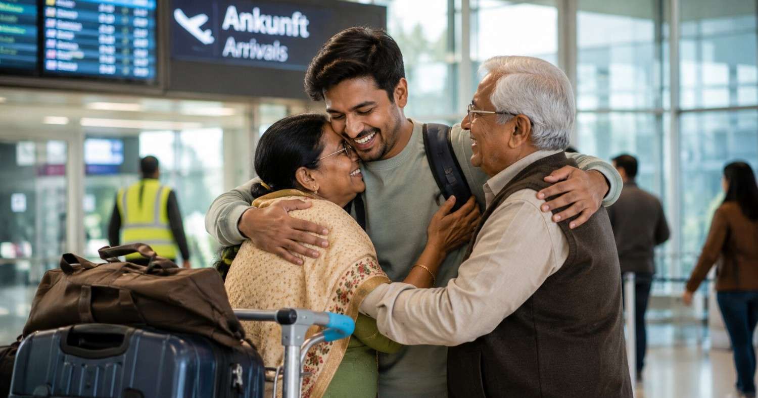 Indian physiotherapist welcoming their elderly parents at a German airport in 2026