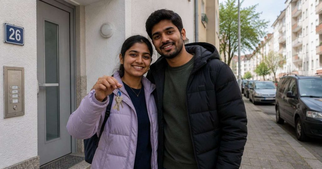Indian nurse couple receiving the keys to their first apartment in Germany