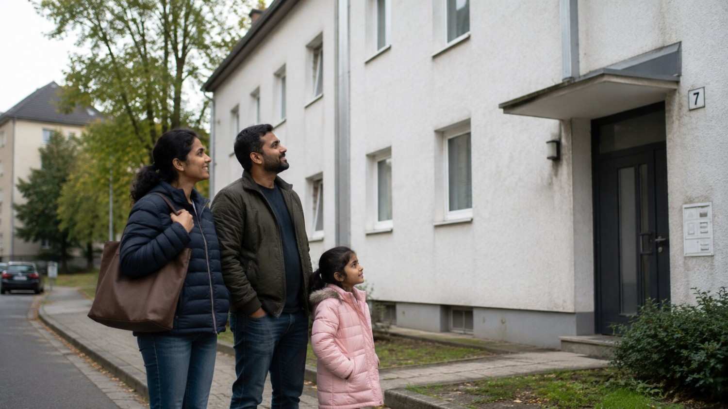 Indian nurse and her family standing outside a modest German house, hopeful