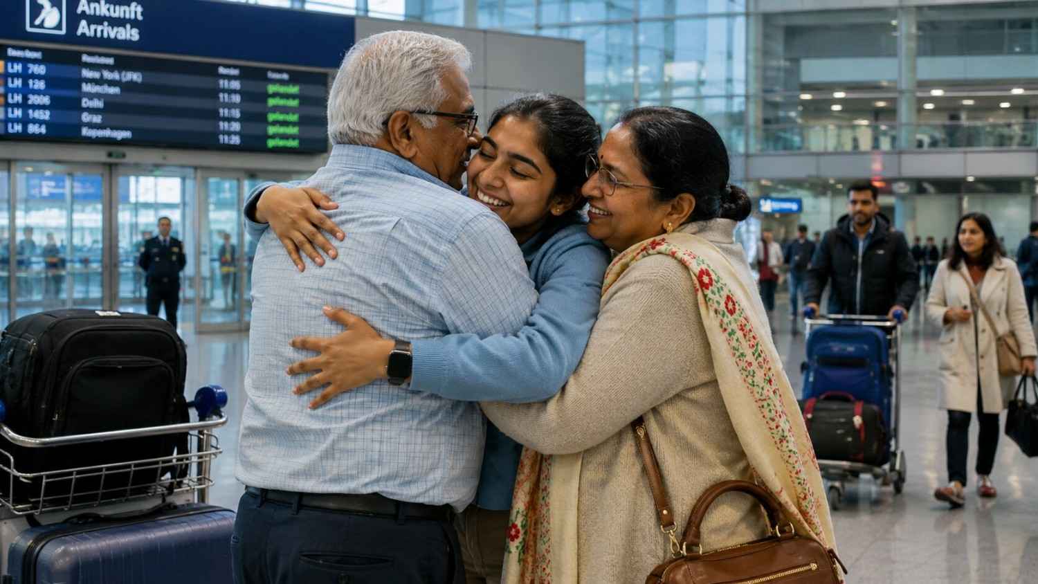 Indian nurse warmly welcoming her parents at a German airport