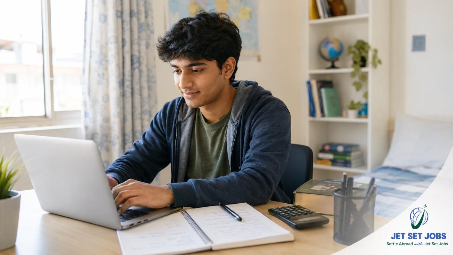 Indian Ausbildung trainee planning a monthly budget and savings on a laptop
