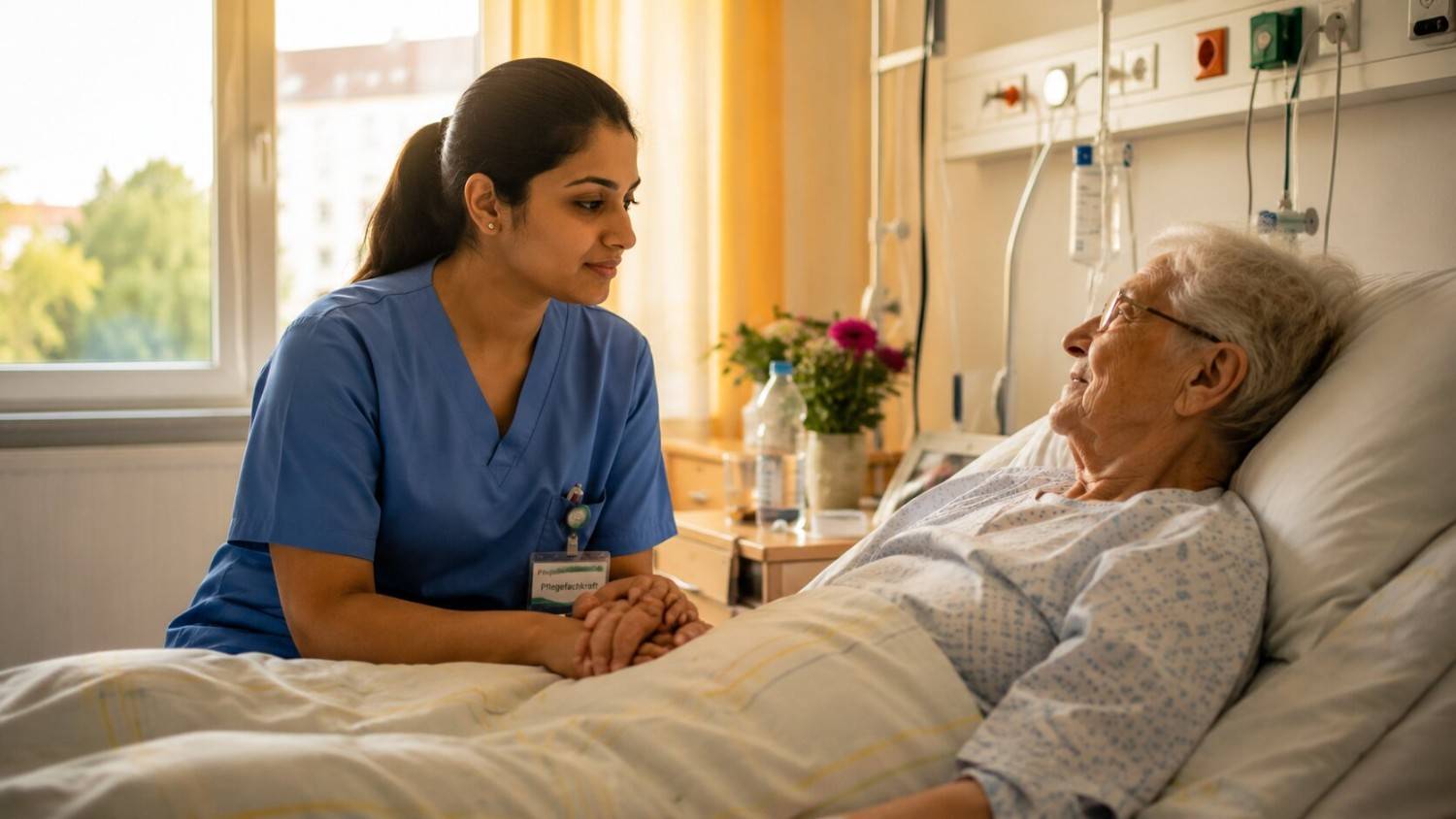 Indian nurse gently holding the hand of an elderly patient in a calm, dignified moment of care