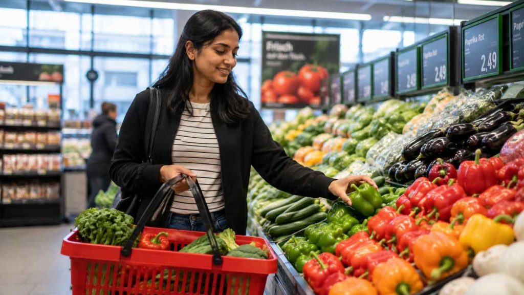 Indian trainee shopping for groceries and enjoying daily life in a German town