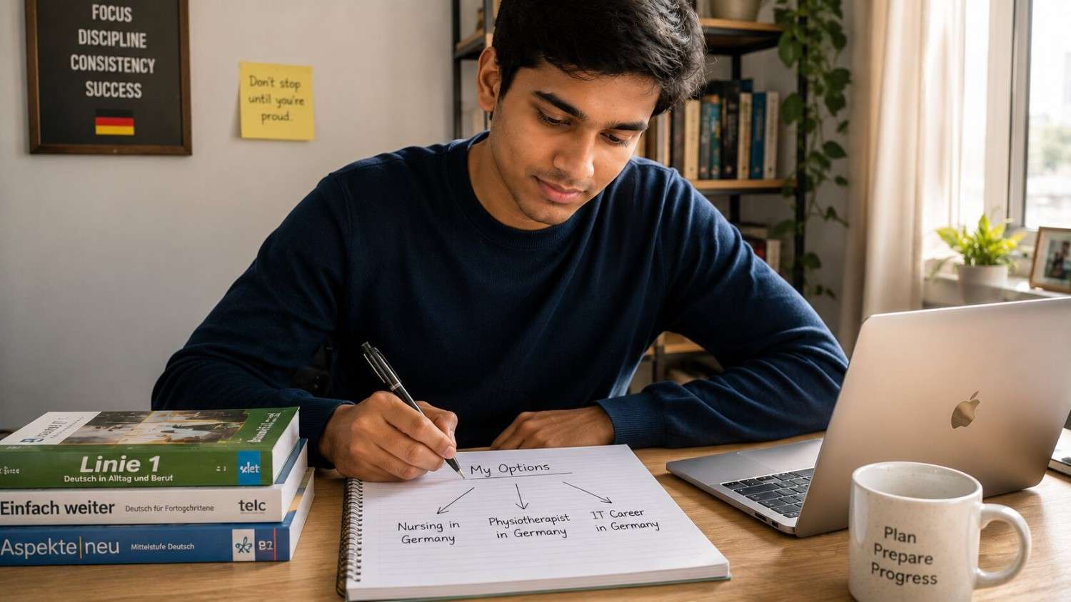 Indian Science student comparing career path options on paper after the NEET result