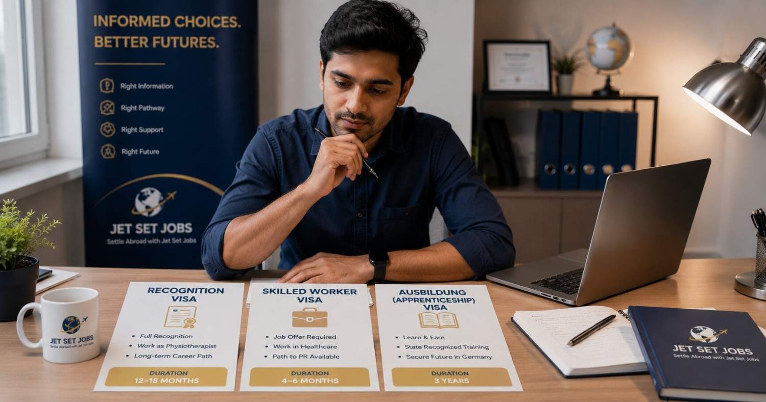 An Indian physiotherapist comparing three German visa pathway options at a desk