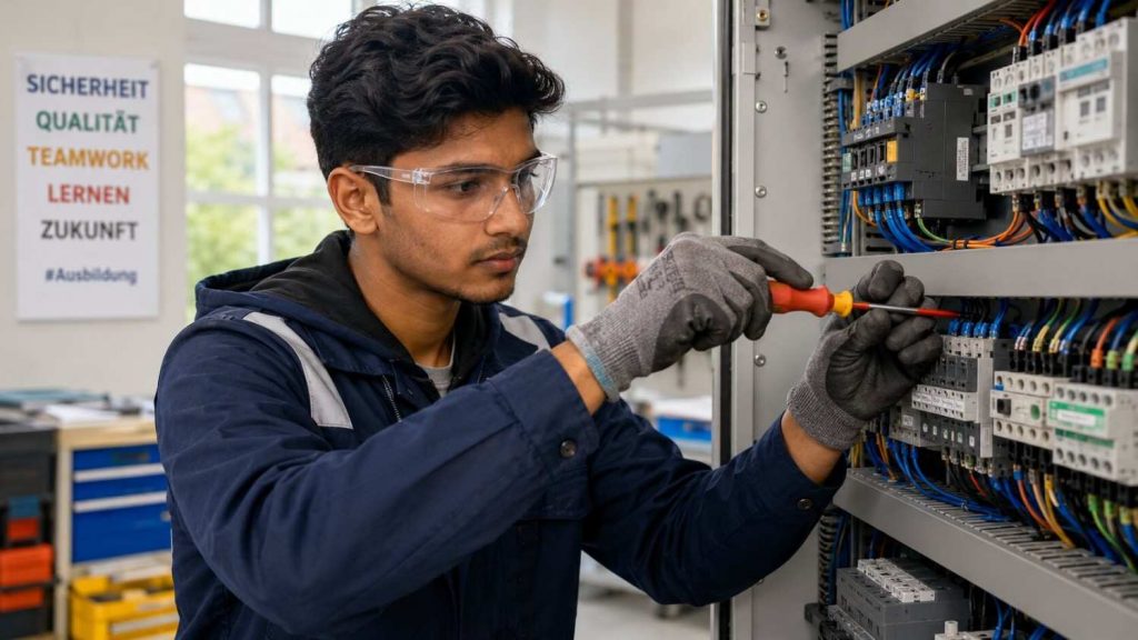 Indian electrical Ausbildung trainee working on control panels in a German workshop
