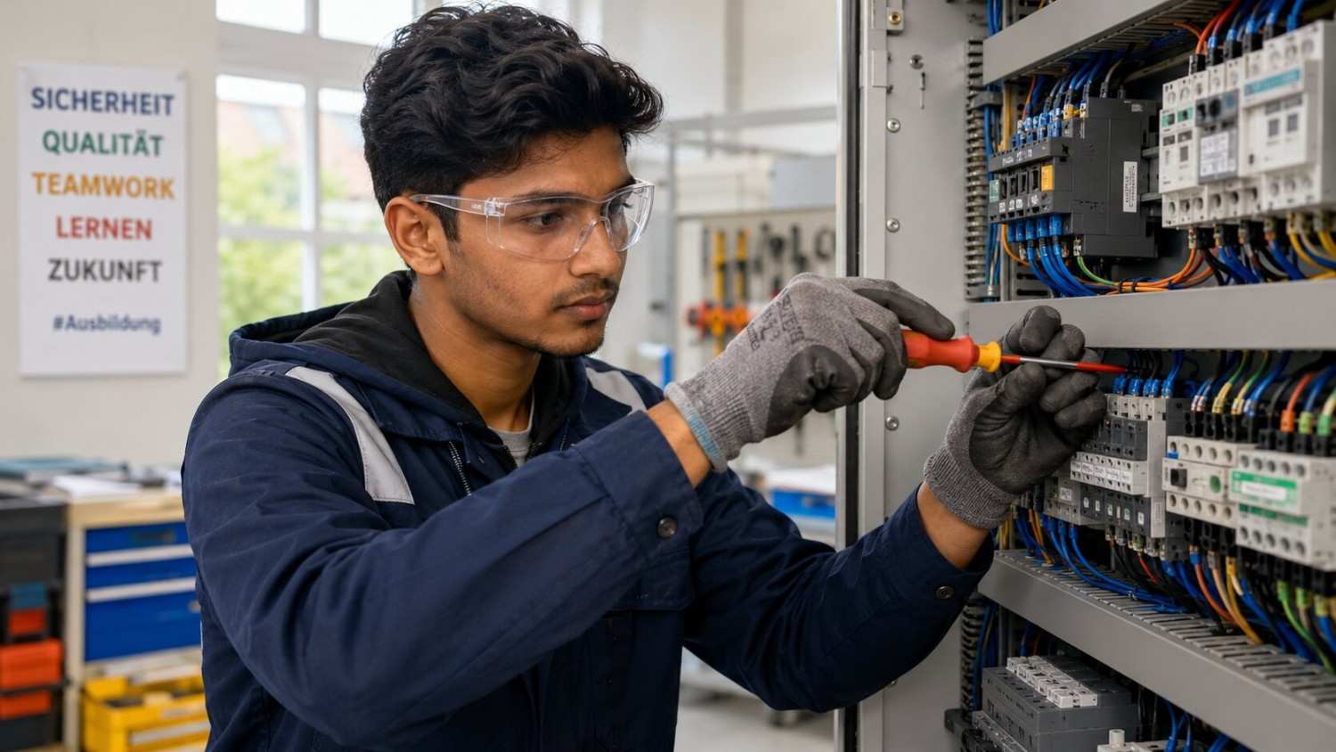 Indian electrical Ausbildung trainee working on control panels in a German workshop