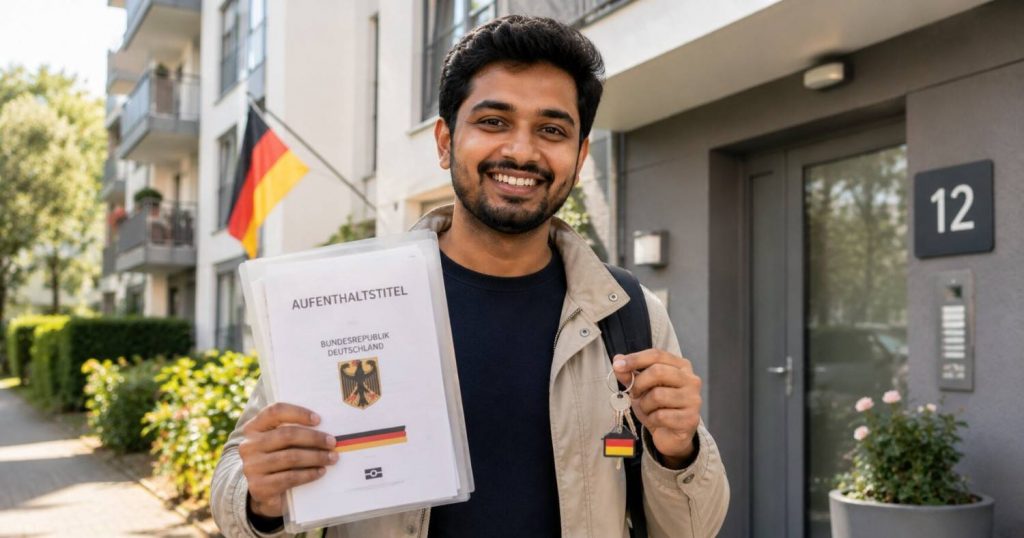 Indian physiotherapist reuniting with spouse and children at a German airport in 2026