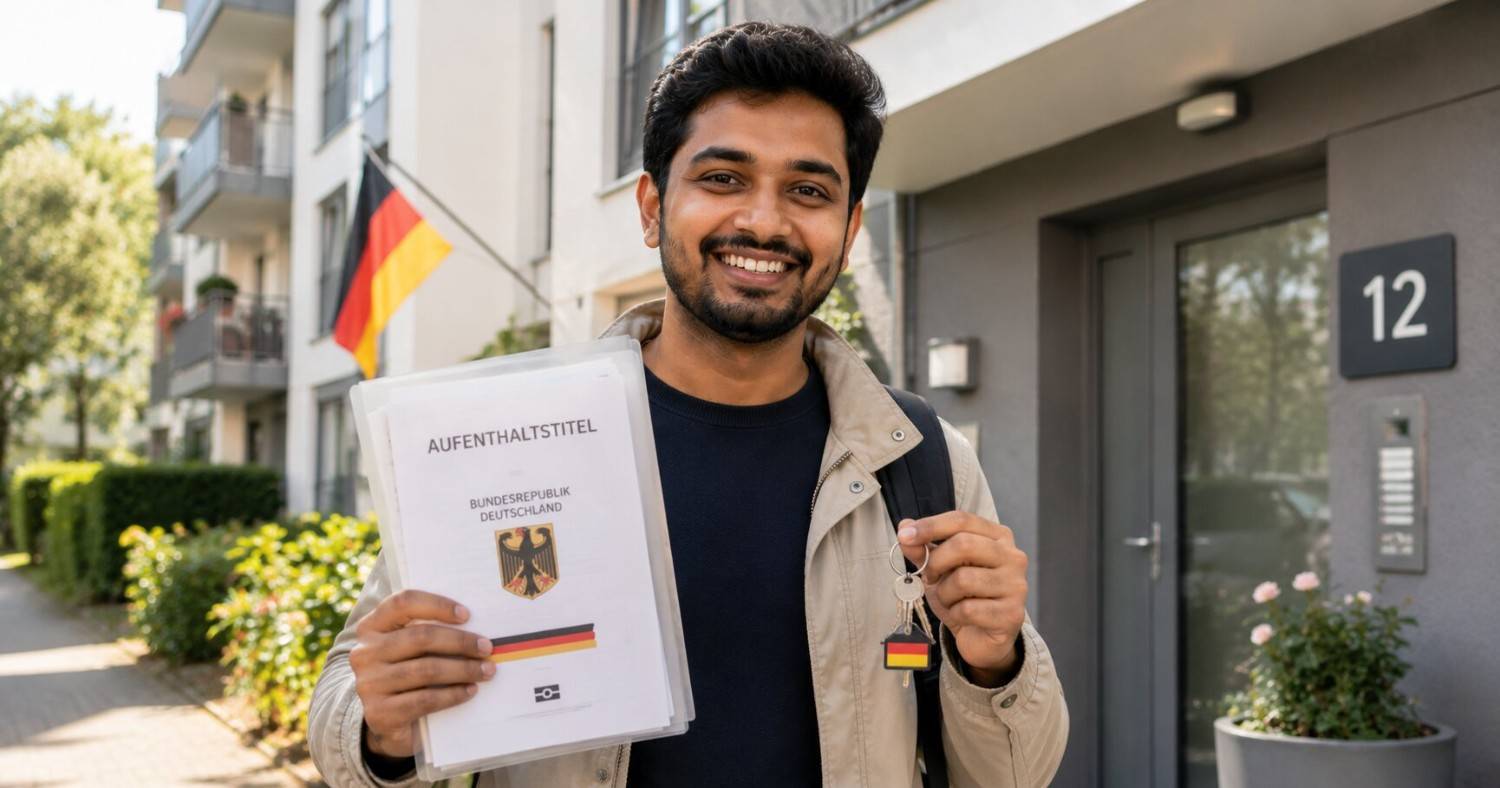Indian physiotherapist reuniting with spouse and children at a German airport in 2026