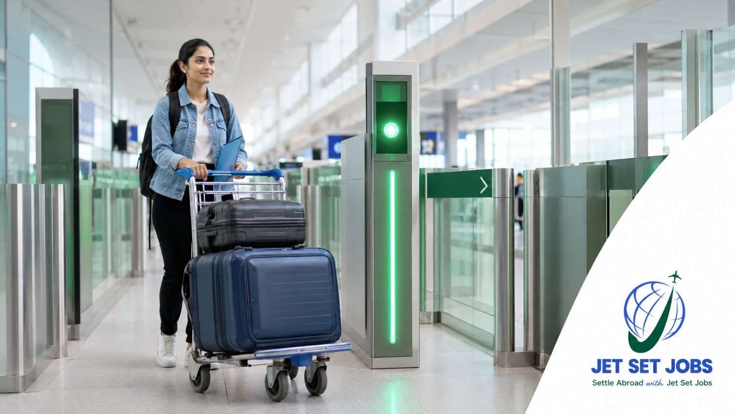 Indian nurse at German airport customs with her luggage, calm and prepared
