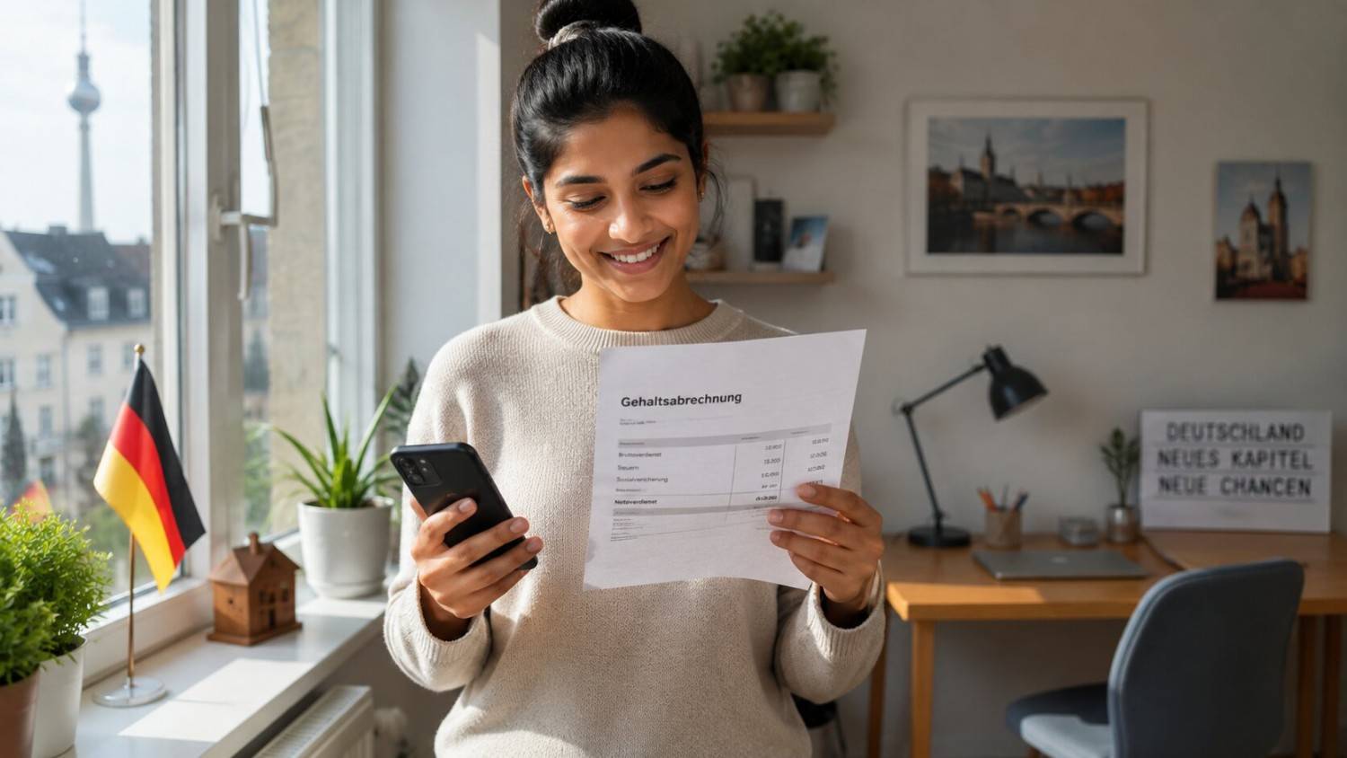 Young Indian trainee smiling with a first German payslip, settling into life in Germany