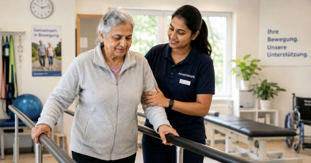 Indian geriatric physiotherapist helping an elderly patient with mobility exercises in a German clinic in 2026