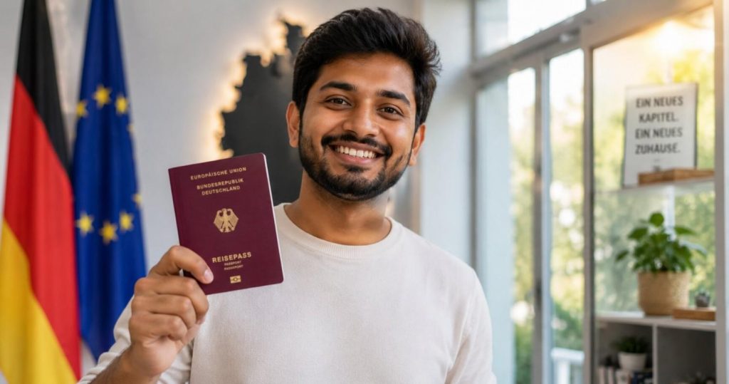 Indian physiotherapist holding a German passport after naturalisation in 2026