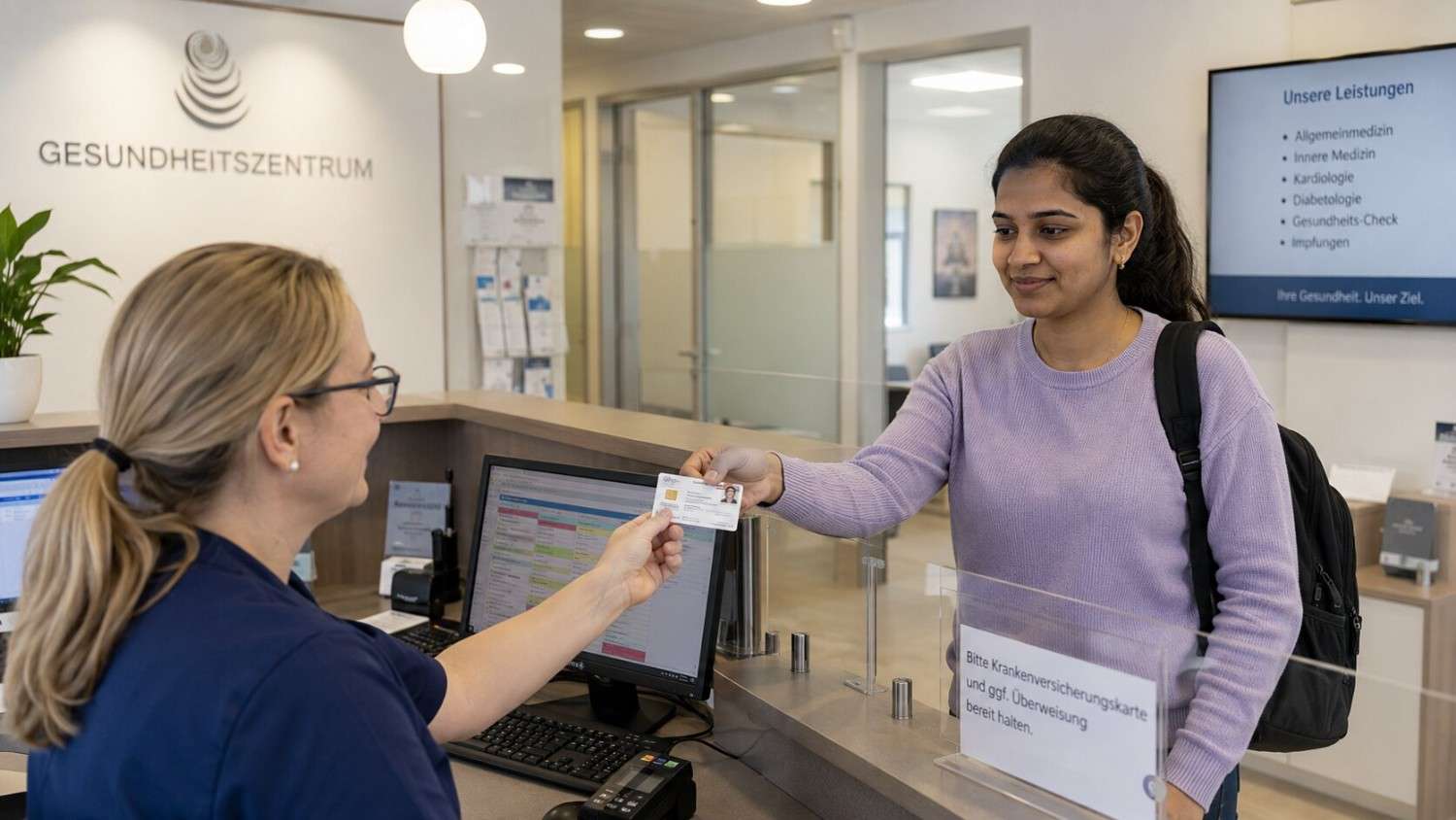 Indian nurse holding a German health insurance card at a clinic reception