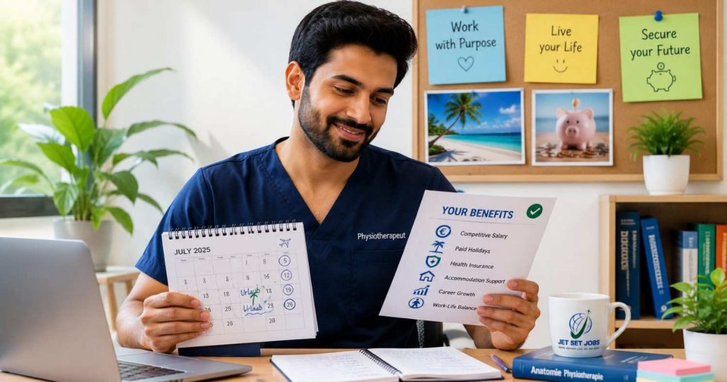 Indian physiotherapist reviewing German employment benefits including 13th-month pay and annual leave for 2026