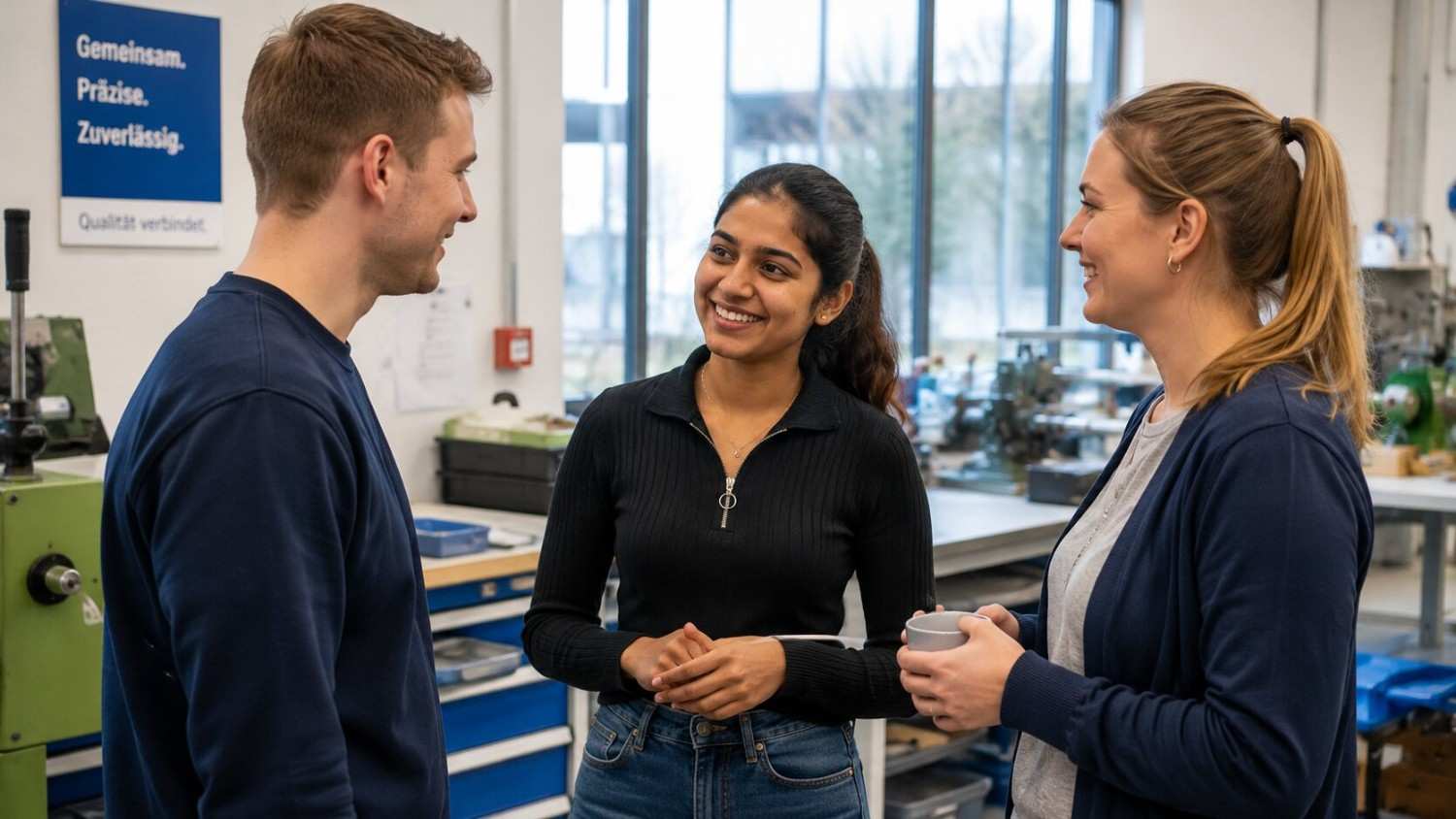 Young Indian Ausbildung trainee talking with German colleagues in a bright modern workplace