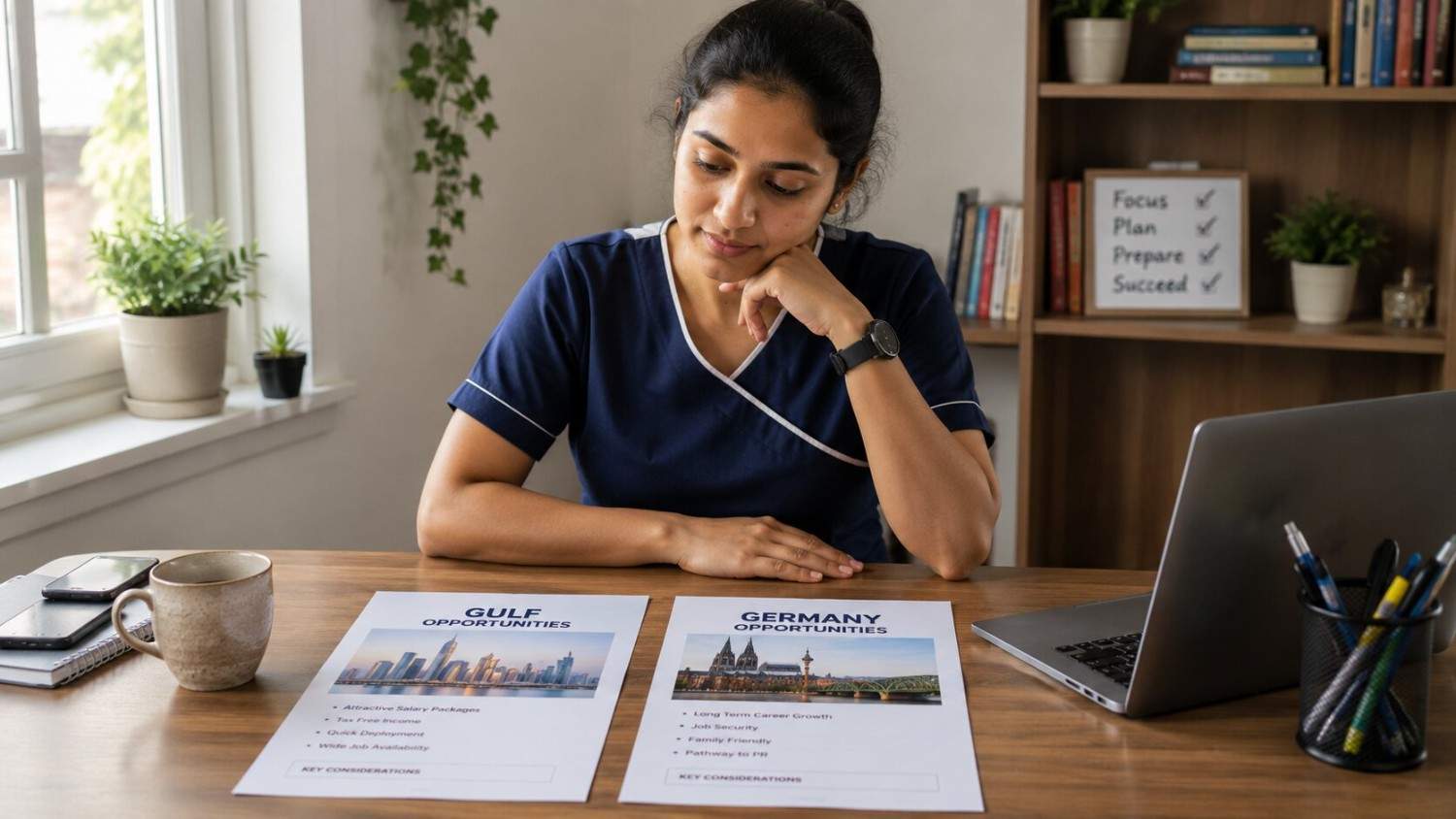 Indian nurse weighing two career paths, Gulf and Germany, thoughtfully at a desk