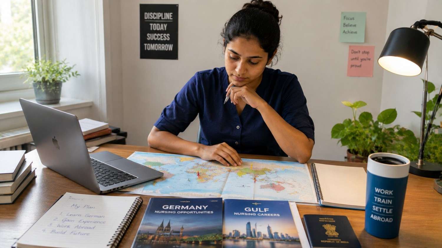 Indian nurse comparing nursing destinations on a world map at her desk