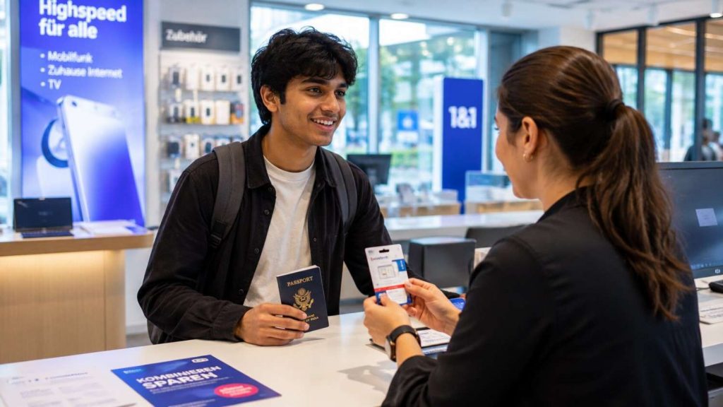 Indian Ausbildung trainee setting up a German SIM card and mobile plan on arrival