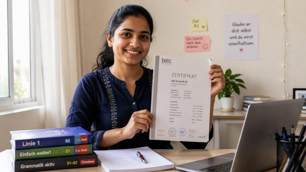 Indian nurse holding a German B2 language certificate, smiling with relief