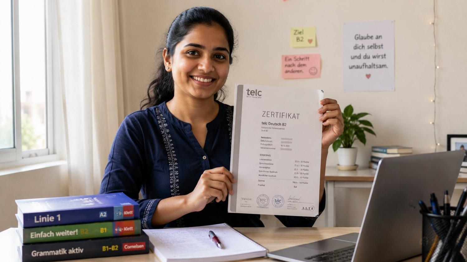 Indian nurse holding a German B2 language certificate, smiling with relief
