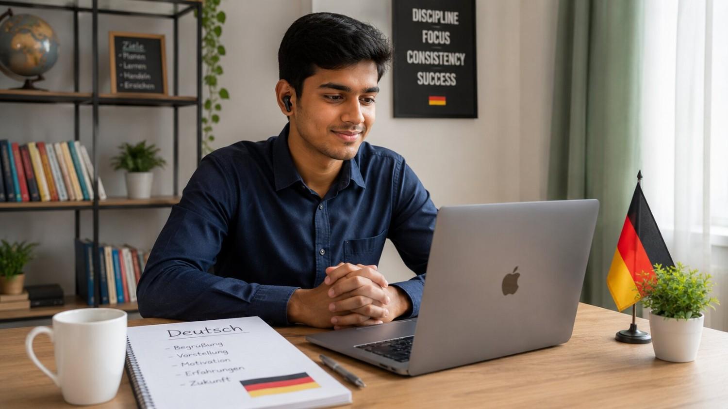 Indian Ausbildung aspirant preparing for a German employer video interview at a desk