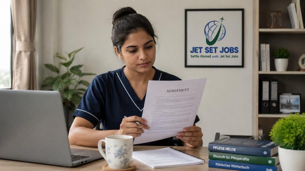 Indian nurse reading a written agreement carefully at a desk
