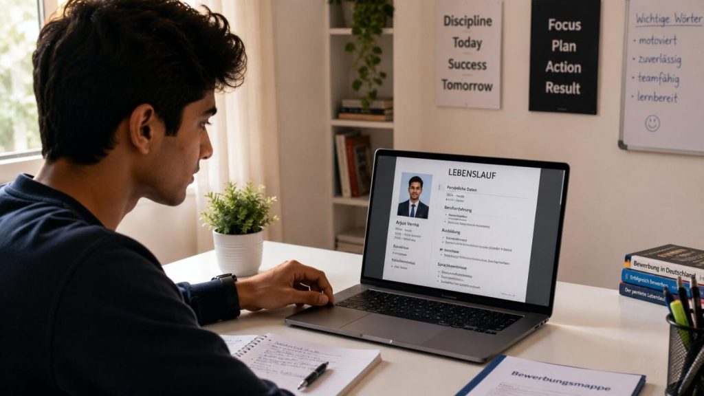 Indian aspirant preparing a German-format Lebenslauf and motivation letter on a laptop