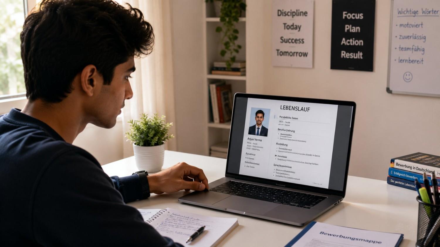 Indian aspirant preparing a German-format Lebenslauf and motivation letter on a laptop